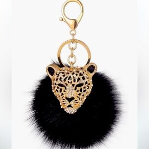Leopard head rhinestone bling bag charm with faux fur puffball purse cha…